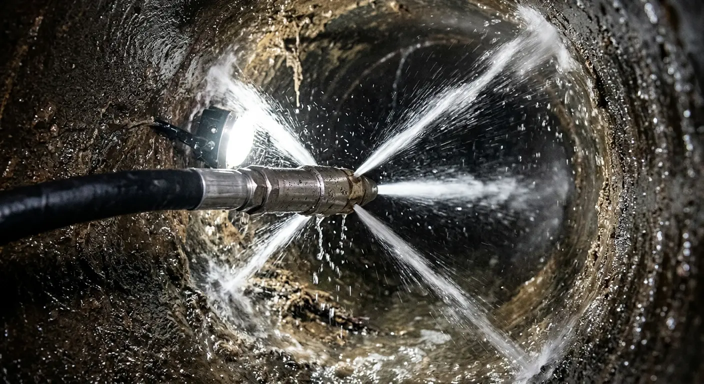 High-pressure hydro jetting nozzle cleaning sewer pipe for Sewer Cleanout in Kansas City